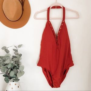 Halter Neck Snap Rust Color Plus Size Swimsuit
